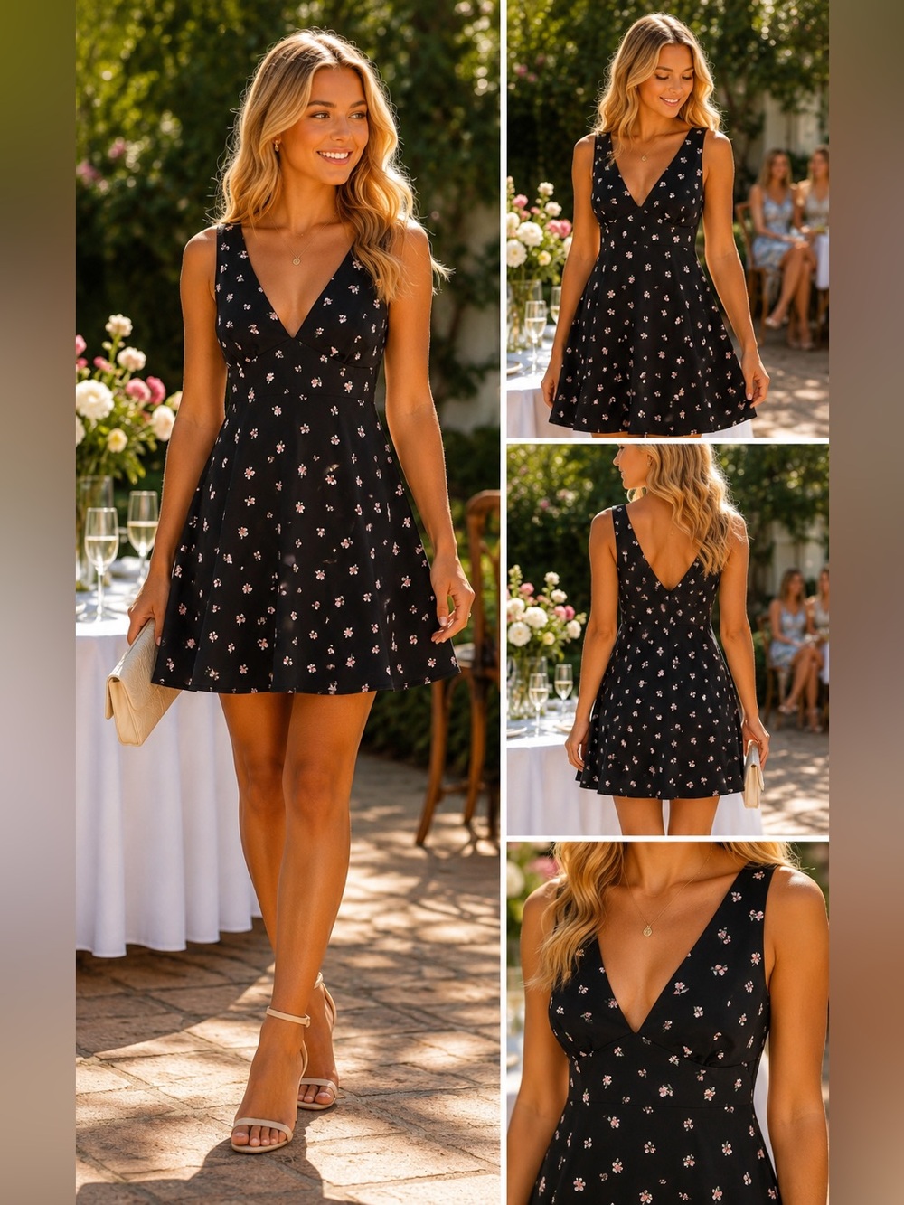 Aeropostale Black Floral Babydoll Mini Dress Deep V Back Small Y2K Going Out